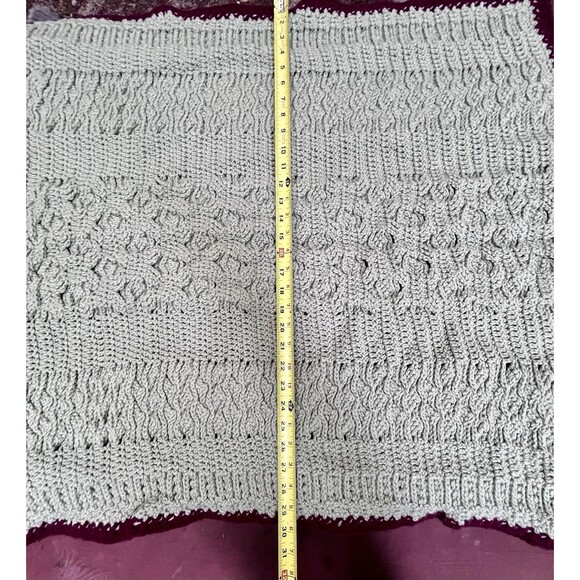 VTG Handmade Chunky Knit Lap Baby Blanket Throw Pistachio Green Burgundy Retro - Picture 5 of 6